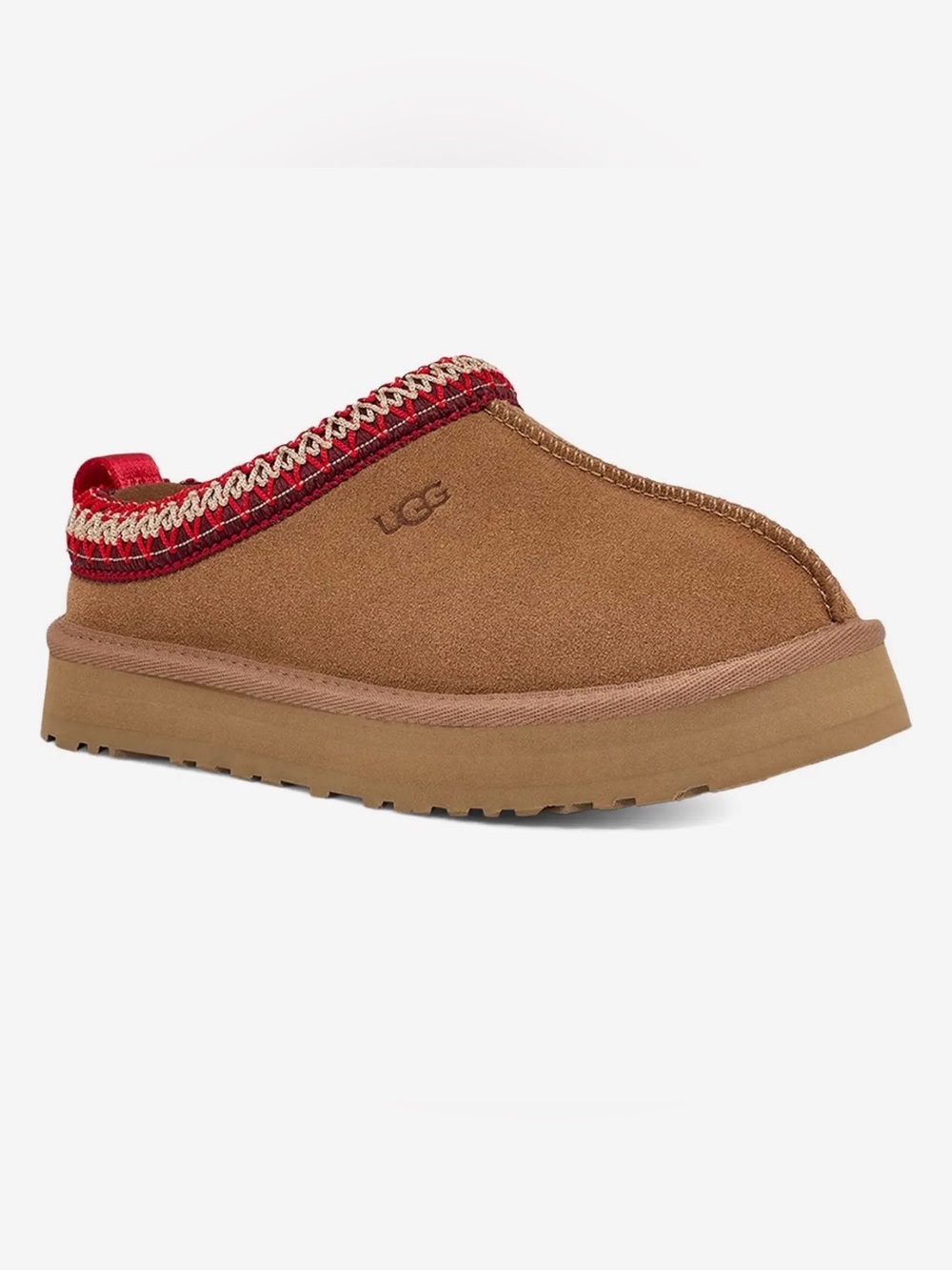 UGG kids Tazz Slip-On Suede Slippers - Chestnut with Red Trim